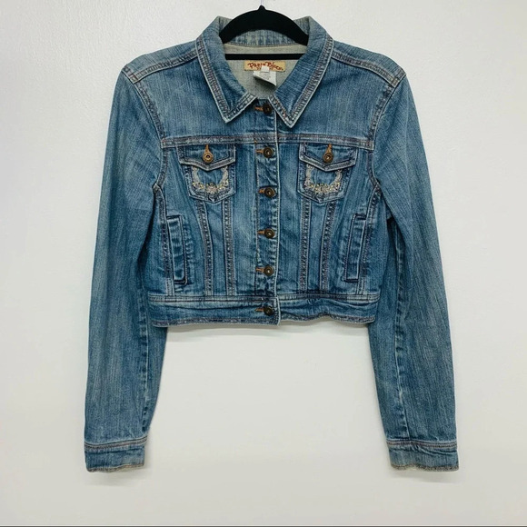 Crop Denim Jacket Woman Medium Y2K Blue Embroidery Beads Boho Western Paris Blue - Picture 1 of 9